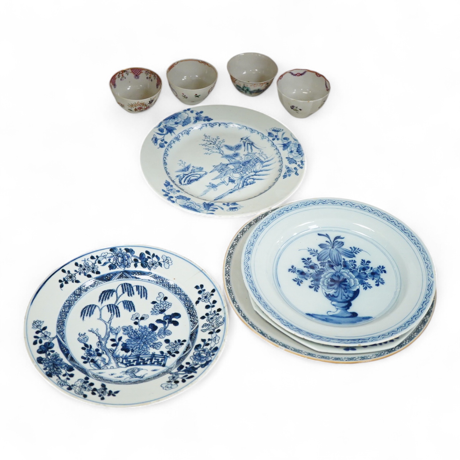 Four 18th century Chinese export blue and white dishes, four tea bowls and a Delft dish